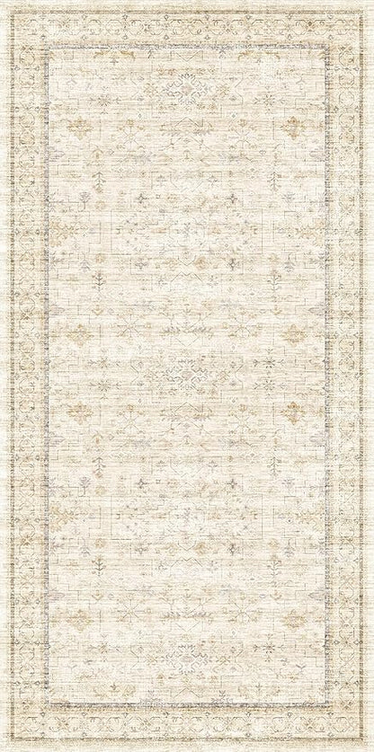 3x6 Wide Area Rugs for Hallways Non Slip, Machine Washable Rug for Kitchen Floor, Entryway, Soft Low Pile Neutral Sand Beige Décor, Geometric Floral Pattern Stain Resistant Carpet