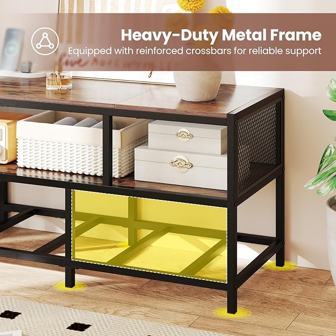 Tangkula Farmhouse TV Stand for TVs up to 65", 3-Tier Entertain Center with Power Outlets USB Charging, Media Console Table with Open Shelf & 3 Fabric Storage Drawers for Living Room (Rustic Brown)