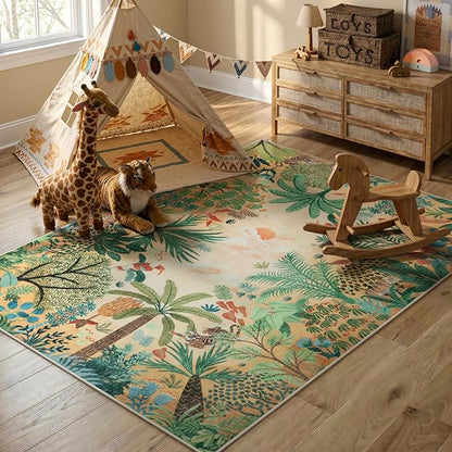 LIVEBOX Boho Jungle Animal Print 5 x 7 Area Rugs for Living Room, Soft Yellow Rug for Bedroom, Non-Slip Machine Washable Rugs for Dining Room Office, Kids Rugs for Playroom Sun Rug for Nursery Room