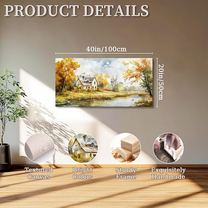 SERIMINO Rustic Landscape Large Wall Art, Forest Lake Cottage Painting Art Prints, Countryside Autumn Scenery Home Decor Artwork, Nature Canvas Wall Pictures for Living Room Bedroom Farmhouse 20"X40"