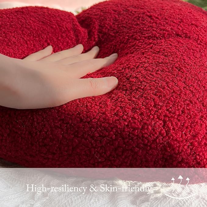 EastTree Heart Pillows, Wine Red Heart Shaped Pillows, Love Throw Pillows, Cute Sherpa Heart Decor, Small Fluffy Pillows, Women Girls Living Bedroom Home Decoration 10x13 Inch