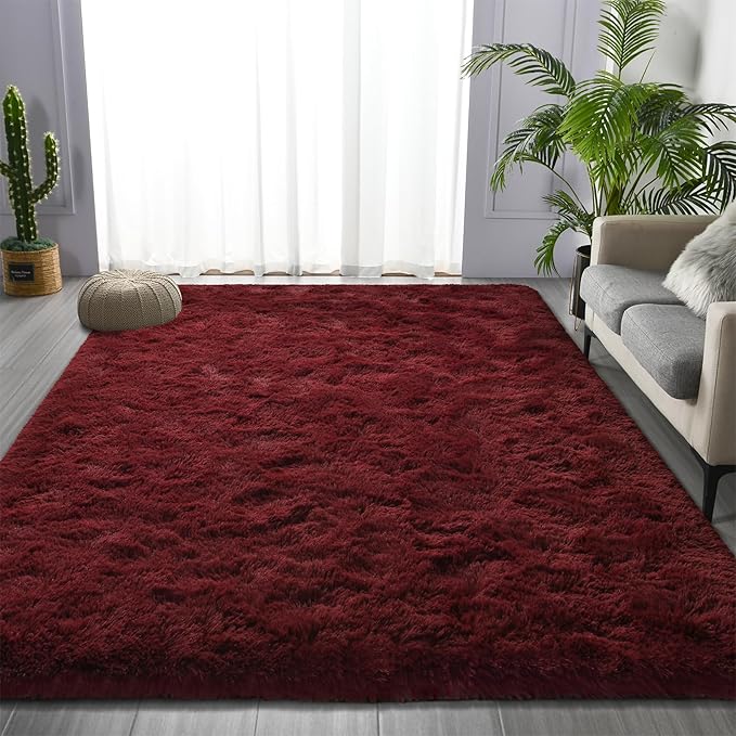Deerhoo Large Shag Area Rugs 8 x 10, Plush Fuzzy Rugs for Living Room, Ultra Soft Fluffy Furry Rug for Bedroom, Indoor Carpet Nursery Rugs for Kids Room Home Decor, Burgundy