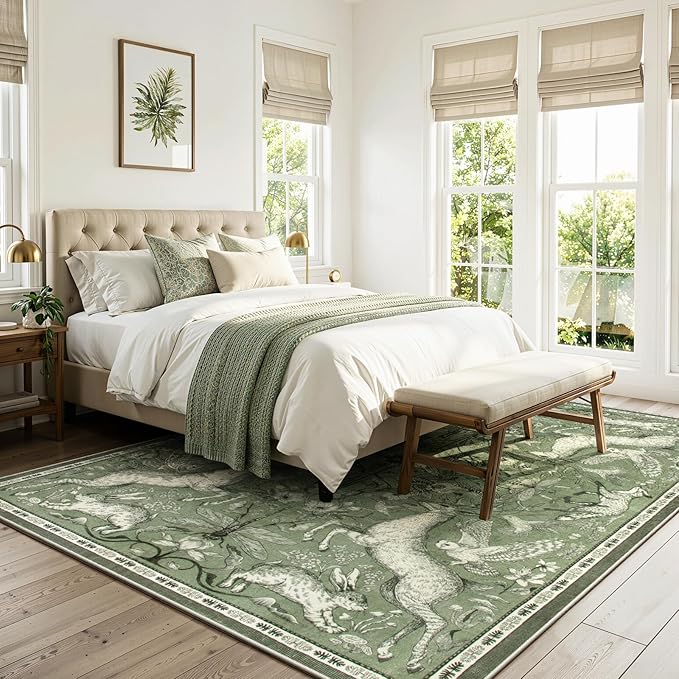 Lahome Dorval 6x9 Washable Deer Rug, Boho Woodland Nature Area Rug, Non Slip Low Pile Soft Green Carpet for Living Room Dining Room Bedroom Office Nursery Cottagecore Decor