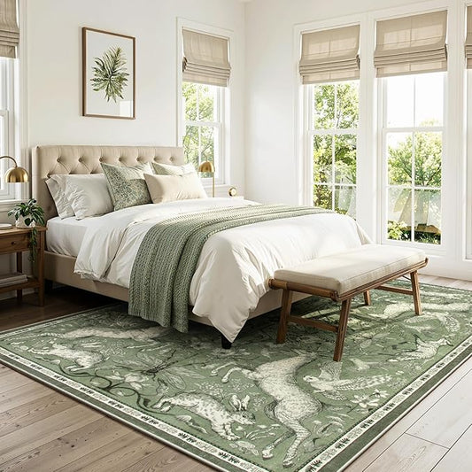 Lahome Dorval 6x9 Washable Deer Rug, Boho Woodland Nature Area Rug, Non Slip Low Pile Soft Green Carpet for Living Room Dining Room Bedroom Office Nursery Cottagecore Decor