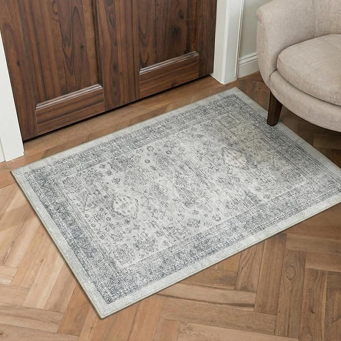GENIMO 5FT Round Area Rugs for Living Room, Circle Rugs Machine Washable Low Pile, Chenille Non Slip Vintage Rug for Bedroom, Dining Room, Home Office, Grey