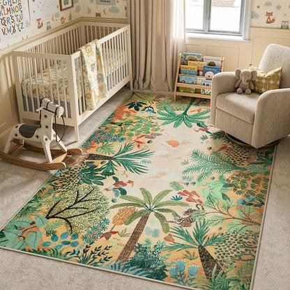 LIVEBOX Washable Jungle Animal Print 6 x 9 Area Rug for Dining Room, Non-Skid Yellow Kids Carpet Playmat Rug for Play Room, Soft Nursery Rugs for Girl Dorm, Kids Rugs for Bedroom Boys