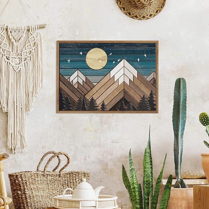 Putuo Decor Wooden Mountain Wall Art, Moon Over Mountain Nature Wilderness Wood Wall Sign Western Decor, Rustic Cabin Adventure Wall Decor for Living Room Bedroom