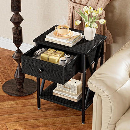 VECELO Nightstand,Modern Bedside End Table, Night Stand with Drawer and Storage Shelf for Living Room Bedroom, Industrial Metal Frame