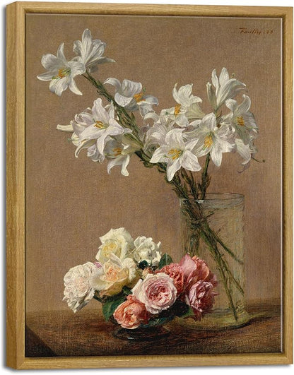 Pyradecor Framed Canvas Wall Art Vintage Decor Coquette Room Decor Roses and Lilies Canvas Prints Classical Floral Painting for Living Room Bedroom Farmhouse Decorations