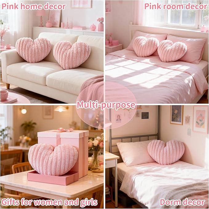 16 Inch Heart Pillow Cute Soft Decorative Throw Pillows, Heart Shaped Fluffy Faux Fur Pillows Cushions for Couch Sofa Bed Bedroom Room Home Decor Aesthetic (2, Pink, Medium-16 x13)