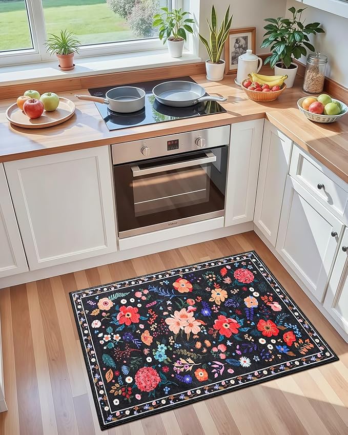 Macgace 2x3 Small Floral Rug for Entryway, Flowers Printed Washable Rugs with Non Slip Backing for Girls Bedroom Kitchen, Cute Throw Carpet Front Door Entry Decor, Black