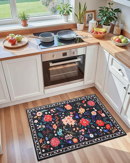 Macgace 2x3 Small Floral Rug for Entryway, Flowers Printed Washable Rugs with Non Slip Backing for Girls Bedroom Kitchen, Cute Throw Carpet Front Door Entry Decor, Black