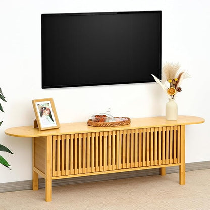 Bamboo TV Stand for TVs up to 65", Accent Entertainment Center with Storage, Media Console Table with Fence Door, Modern TV Stand for Living Room, Bedroom, 55"(L), Burlywood