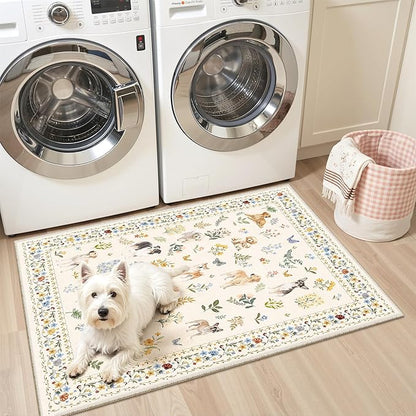 Soalmost 2x3 Dog Rugs for Entryway, Machine Washable Door Mat Animal Floral Small Area Rug Non-Slip Low Pile Soft Throw Rugs for Entrance Kitchen Indoor Front Door Kids Room (2 x 3,Beige)