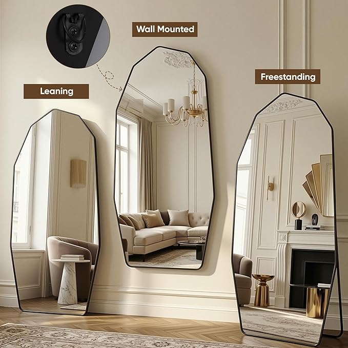 Antok Full Length Mirror, 76"x34" Floor Mirror, Free Standing Wall Mounted or Leaning Full Body Mirror with Aluminum Alloy Frame, Diamond Irregular for Bedroom Entryway Cloakroom, Black