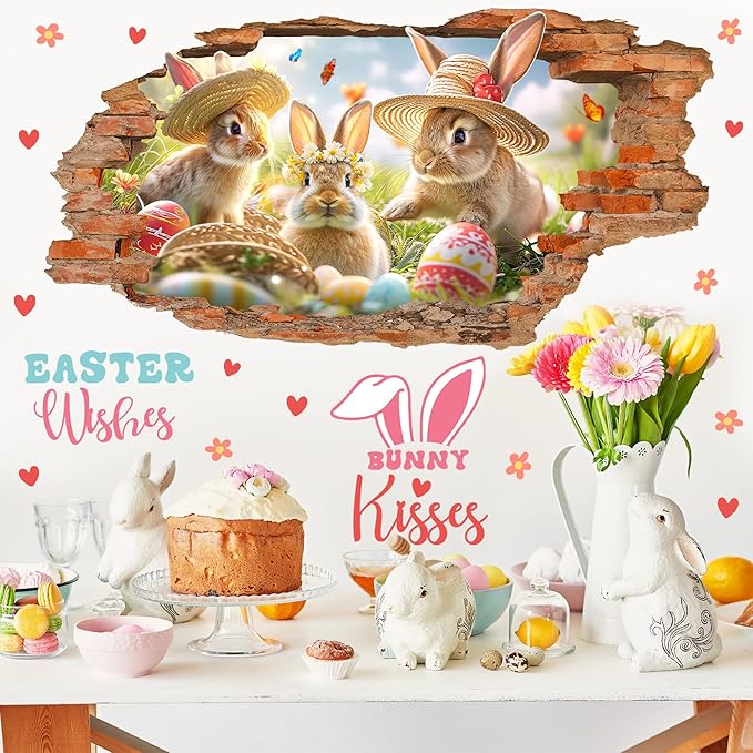 Easter Wall Decals Easter Decoration Stickers Bunny Wall Decals Peel and Stick Broken Wall Spring Landscape Wall Sticker Rabbits Vinyl Decal Art Murals for Home Living Room Kitchen Holiday Supplies