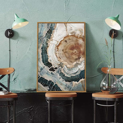 BingruiArt Framed Tree Ring Canvas Wall Art Abstract Wood Wall Decor Boho Modern Colorful Nature Painting Wood Stump Prints Pictures for Living Room Bedroom Bathroom Office 16"x24" Natural Framed(06)