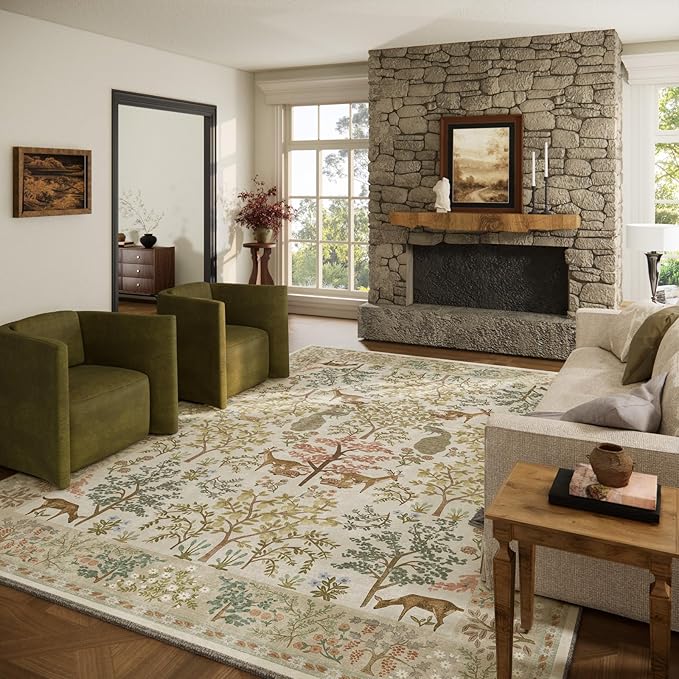 Washable Living Room Area Rug: 8x10 Rugs for Bedroom Vintage Stain Resistant Non Slip Low Pile Large Carpet Rugs for Kitchen Dining Room Farmhouse Kids Room Nursery Indoor