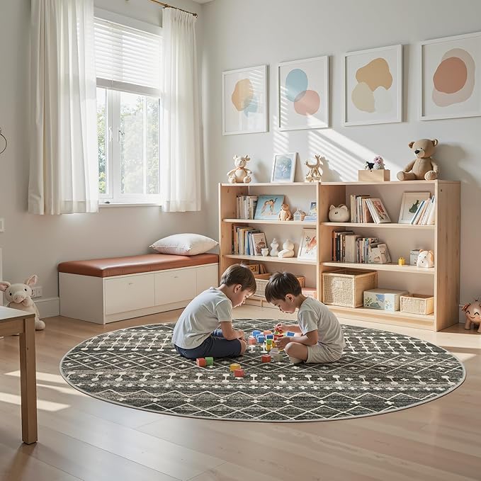Miukiki Round Rugs 6ft for Living Room Moroccan Washable Circle Rug Non Slip Indoor Floor Carpet Foldable Area Rug for Dining Room with Low Pile(Black,6'x6')