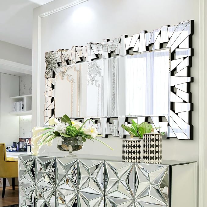 24" X 47" Large Mirror for Wall Decor, Elegant Mirror for Living Room Decor with Mosaic Tiles and Beveled Edge, Contemporary Bathroom Mirror Hang Horizontally or Vertically