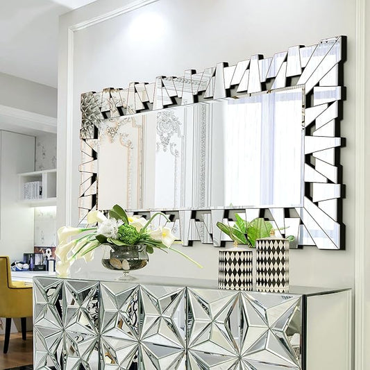 24" X 47" Large Mirror for Wall Decor, Elegant Mirror for Living Room Decor with Mosaic Tiles and Beveled Edge, Contemporary Bathroom Mirror Hang Horizontally or Vertically