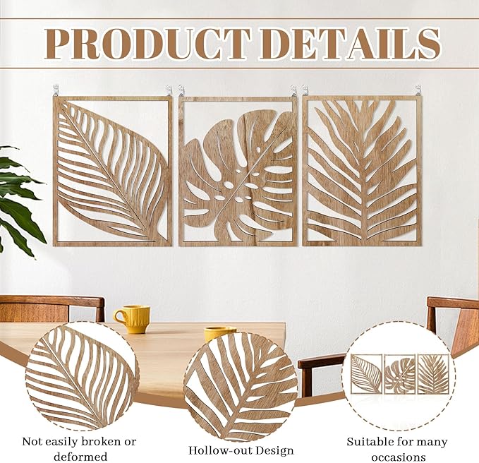 3PCS Tropical Wall Art, Wall Art Decor Leaf Sign Wall Vintage Tropical Plant Wall Rustic Palm Leaf, Modern Wooden Wall Sculptures for for Living room, Bedroom, Office, Wood Decor Accents, Home Decorations(16.5x 12.6x0.2in)