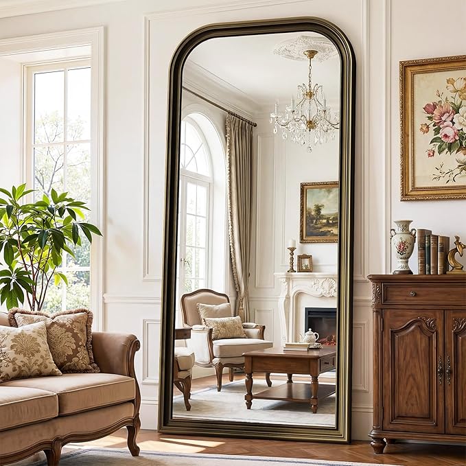 Full Length Mirror with Stand, 71"x32" Full Body Mirror, Floor Length Mirrors Wall Mounted with Rounded Top, Large Standing Mirrors, PU Frame, for Bedroom Living Room Cloakroom, Antique Bronze