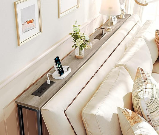 SUPERJARE 78.8 Inch Narrow Console Table with Outlet, Sofa Tables, Behind Couch Table, Long Entryway Tables with Charging Station, for Living Room, Oak