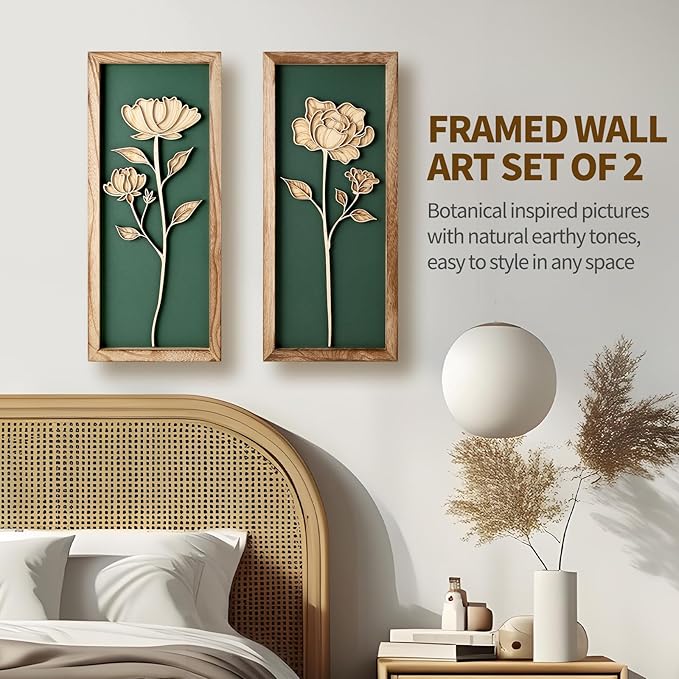 3D Floral Green Wall Art, Wood Boho Framed Wall Arts for Bathroom, Bedroom, Living Room, Dinning Room or Office, Lightweight Green Farmhouse Decor Gift - Set of 2