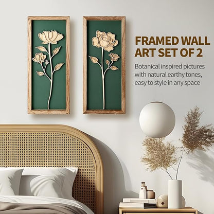 3D Floral Green Wall Art, Wood Boho Framed Wall Arts for Bathroom, Bedroom, Living Room, Dinning Room or Office, Lightweight Green Farmhouse Decor Gift - Set of 2
