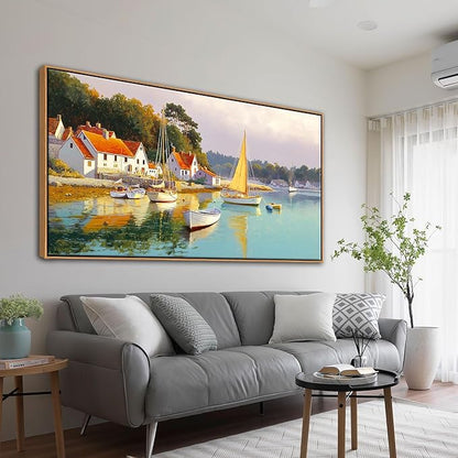 AJAZIKO Coastal Wall Art - Rustic Ocean & boat Canvas Art for Living Room & Bedroom Decor - Framed Landscape Artwork for Walls - Italian Farmhouse & Country Wall Decor Print Pictures20x40IN