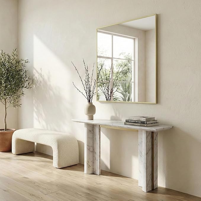 30" x 36" Gold Wall Mirror for Bathroom, 36" x 30" Metal Framed Accent Decor, Mid-Century Modern Mirror for Vanity & Bedroom