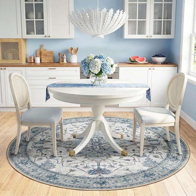 RELEANY Area Rugs Round 6ft Washable Non-Slip, Floral Vintage Distress Print Pattern Medallion Carpet for Living Room Bedroom Dining Room, Light Blue Navy Beige Gray White