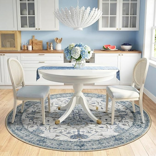 RELEANY Area Rugs Round 6ft Washable Non-Slip, Floral Vintage Distress Print Pattern Medallion Carpet for Living Room Bedroom Dining Room, Light Blue Navy Beige Gray White
