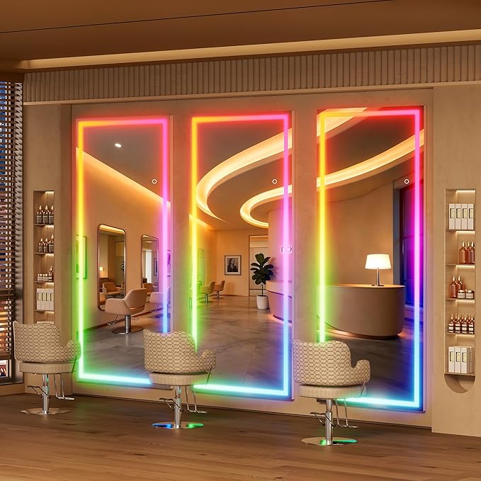 Hasipu 94"x39" LED RGB Bluetooth Home Gym Mirror Full Length with Lights, Wall Mount & Free Standing Full Body Mirror for Bedroom Workout Yoga, Detachable Stand, 7 Color & Brightness Adjustable