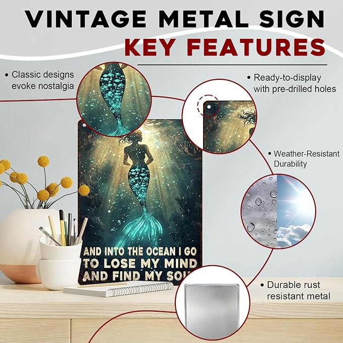 Retro Ocean Metal Plaque Rustic Wall Decor Into The Ocean I Go To Lose My Mind Coastal Art Beach Bar Sign Gift for Saltwater Soul Collectors 12x16inch