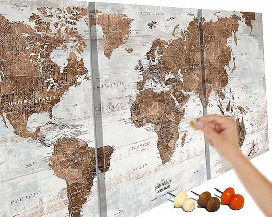 Wall Art for Living Room Office Artwork Extra Large Canvas Prints World Map Pin Board Travel Map Vintage Brown Farmhouse Pictures for Bedroom Dining Room Inspirational Wall Decor