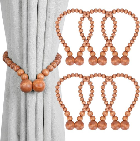 KLOGTSIND Magnetic Curtain Tiebacks, Curtain Tie Backs for Curtains 6 Pack, Wood Bead Curtain Tiebacks, Curtain Holders for Boho Bedroom Decor, Baby Nursery Decor, Farmhouse Decor