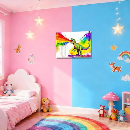 12x16 Graffiti T-Rex Dinosaur Spitting Rainbow Frie Wall Art Colorful Abstract Pop Canvas Prints Kids Room Decor Teen Boys Bedroom Rainbow Framed Wall Pictures Posters Funny Bathroom Animal Pictures