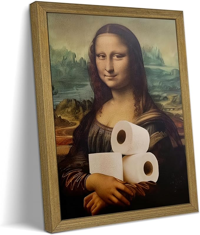 XYHYRA Vintage Mona Lisa Bathroom Wall Art, Funy Abstract Mona Lisa Paper Roll Wall Decor, Humor Amusing restroom Canvas Print Painting for Toilet Bathroom Home Decor 16x24 Inch Framed