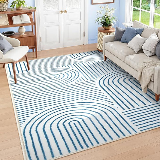 Lahome Abstract 8x10 Area Rugs, Soft Washable Blue Rugs 8x10 Living Room Rugs for Bedroom Dining Room, Ultra-Thin Accent Carpet for Office Dining Room Darrell (8x10ft,Blue/White)