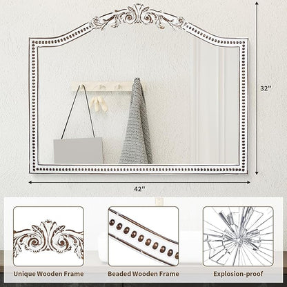 HOITUZYUS 32x42 Inch Ornate Arched Wooden Wall Mirror, Rustic Farmhouse Decorative Mirror for Fireplace, Living Room, Bedroom, Entryway, Bathroom Over Sink