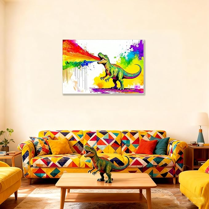 16x24 Graffiti Wall Art Colorful T-Rex Spitting Rainbow Fire Framed Canvas Dianosaur Prints Decor Pop Cartoon Picture Kids Nursey Bathroom Pictures Teen Boys Bedroom Child Funny Animals Posters