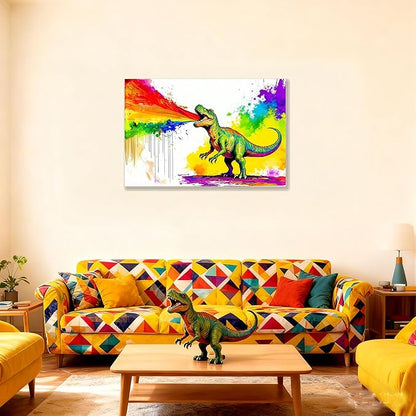 16x24 Graffiti Wall Art Colorful T-Rex Spitting Rainbow Fire Framed Canvas Dianosaur Prints Decor Pop Cartoon Picture Kids Nursey Bathroom Pictures Teen Boys Bedroom Child Funny Animals Posters
