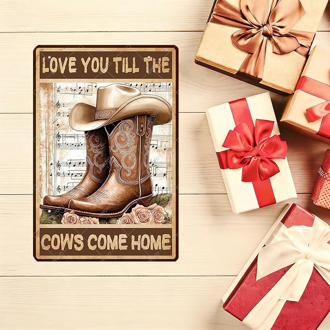 Vintage Flowers Cowgirl Boots Metal Tin Sign Love You Till The Cows Come Home Vintage Painting Tin Signs Retro Wall Poster for Home Office Cowboys Club Farm Decoration 16x12 Inch