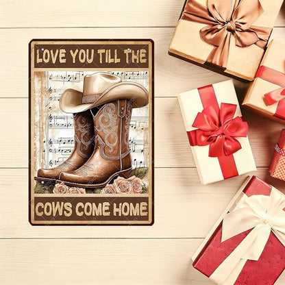 Vintage Flowers Cowgirl Boots Metal Tin Sign Love You Till The Cows Come Home Vintage Painting Tin Signs Retro Wall Poster for Home Office Cowboys Club Farm Decoration 16x12 Inch