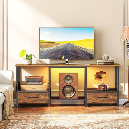 HOOBRO LED TV Stand with Storage, LED Entertainment Center with Open Shelves and Drawer, Fits TVs up to 55", Television Stand for Living Room, Bedroom, Rustic Brown and Black BF123DDS01G1