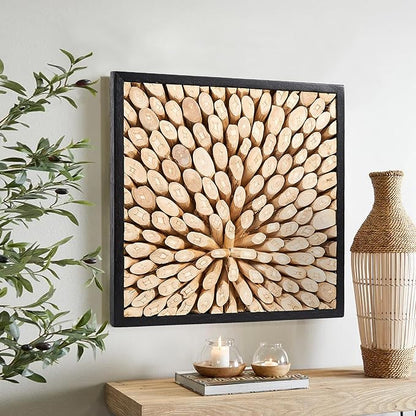 Greenage Reclaimed Teak Wood Wall Decor 17"x17" Farmhouse Branch Pattern Square Wall Art Rustic Wooden Wall Hanging Decoration Frame Wall Panel Shape for Home Living Room Bedroom
