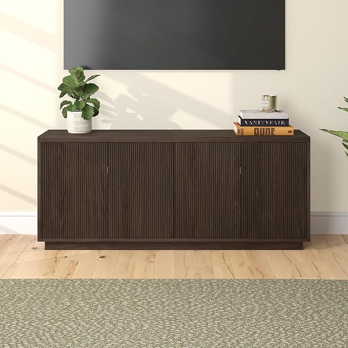 Henn&Hart Fluted TV Stand for TVs up to 65" with 2 Concealed Ribbed Storage Cabinets and Adjustable Shelves for Living Room, Family Room, or Office, Rich Brown