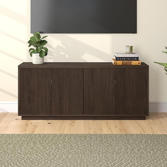 Henn&Hart Fluted TV Stand for TVs up to 65" with 2 Concealed Ribbed Storage Cabinets and Adjustable Shelves for Living Room, Family Room, or Office, Rich Brown